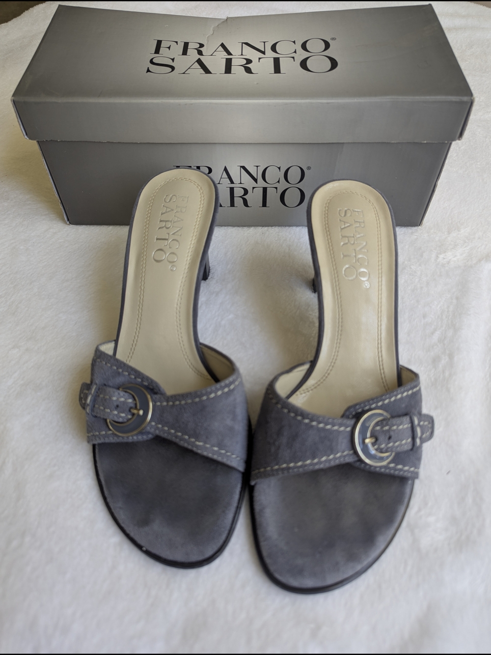 Franco Sarto Gray Suede Buckle Slide Mules